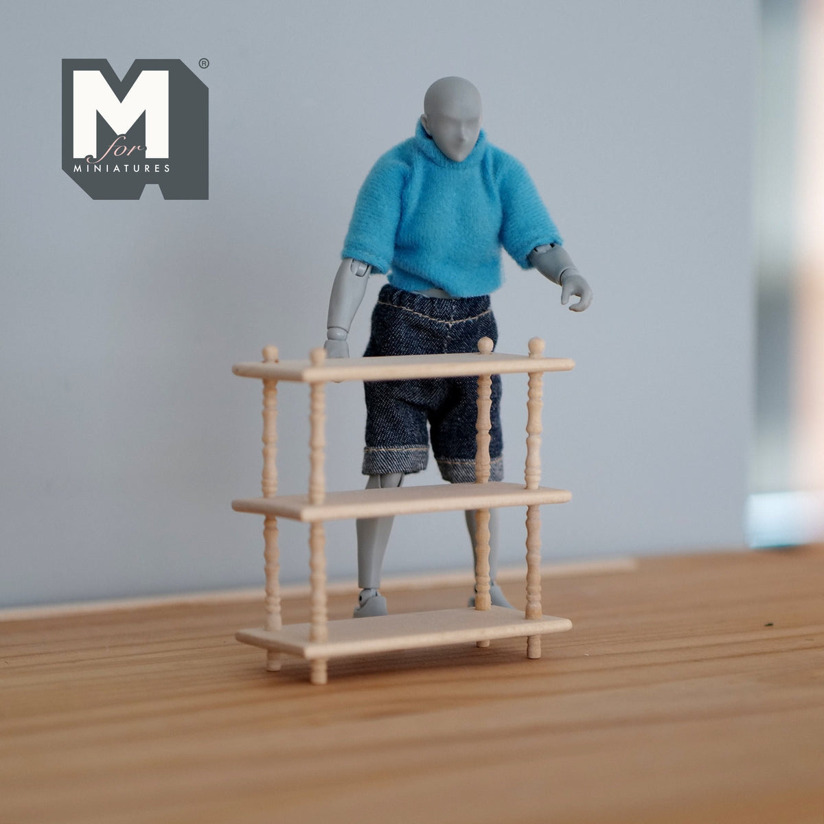 1:12 Scale Miniature Unpainted Wood Open Bookstand, 3 Tiers, Corner Posts, 3-1/16 inch tall, DIY Dollhouse Supply