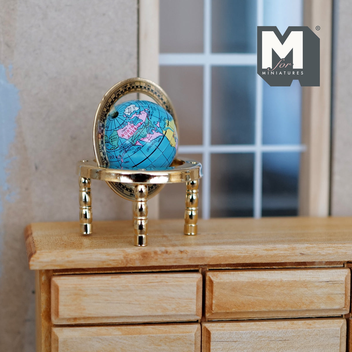 1:12 Scale Miniature World Globe on Ornate Gold Metal Stand, 1-7/8 inch tall, DIY Dollhouse Supply