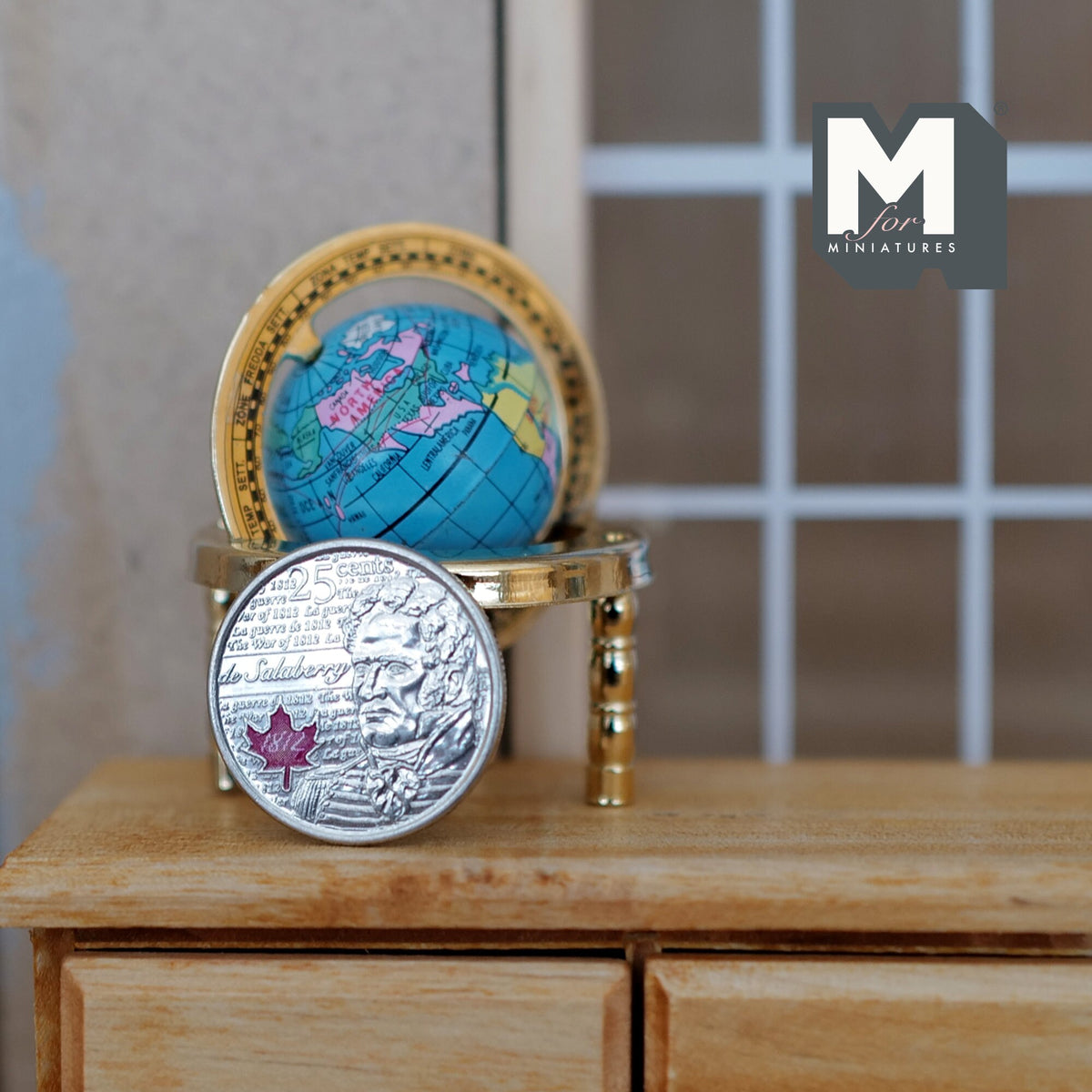 1:12 Scale Miniature World Globe on Ornate Gold Metal Stand, 1-7/8 inch tall, DIY Dollhouse Supply