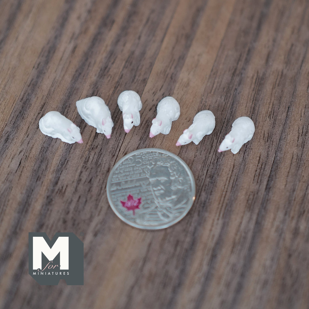 1:12 Scale Miniature Mice Figurines, Set of 6, 5/8 inch long, DIY Dollhouse Supply (white)
