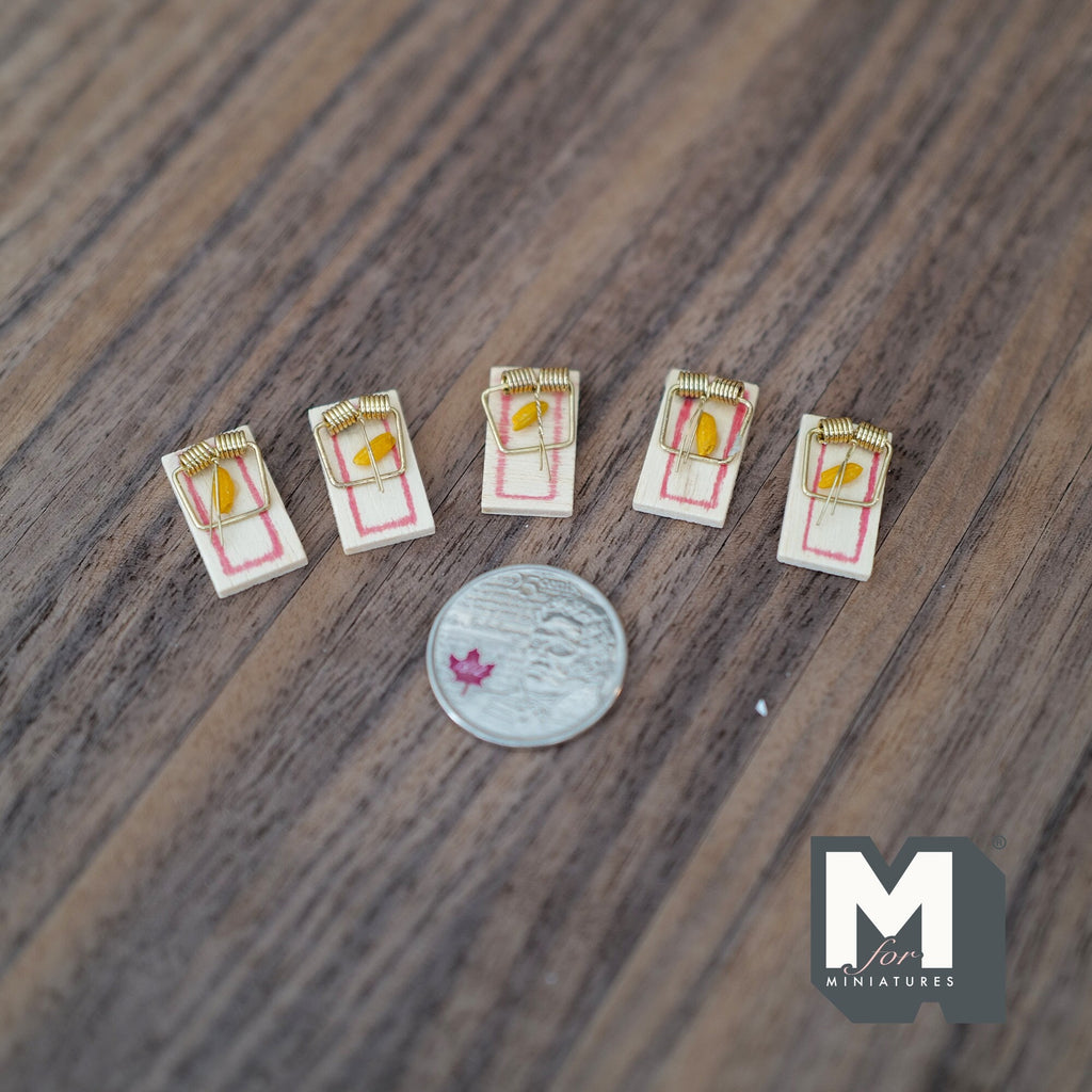 1:12 Scale Miniature Wood Mouse Traps with Cheese Bait, Set of 5, 13/16 inch long, DIY Dollhouse Supply