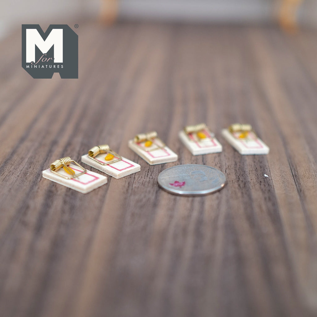 1:12 Scale Miniature Wood Mouse Traps with Cheese Bait, Set of 5, 13/16 inch long, DIY Dollhouse Supply