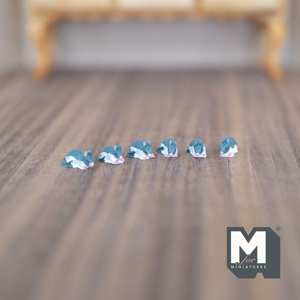 1:12 Scale Miniature Mice Figurines, Set of 6, 5/8 inch long, DIY Dollhouse Supply (blue gray)