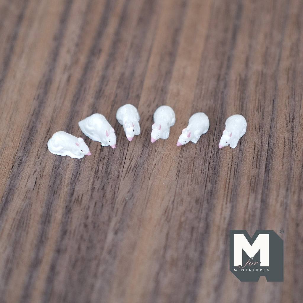 1:12 Scale Miniature Mice Figurines, Set of 6, 5/8 inch long, DIY Dollhouse Supply (white)