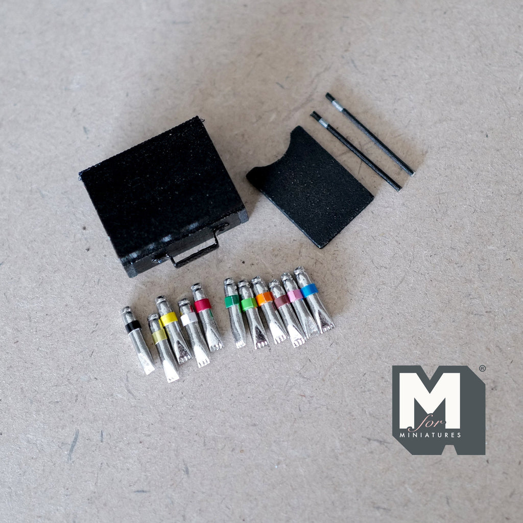 1:12 Scale Miniature Watercolor Paint Box with Brushes and Palette, 1-1/16 inch wide, DIY Dollhouse Supply