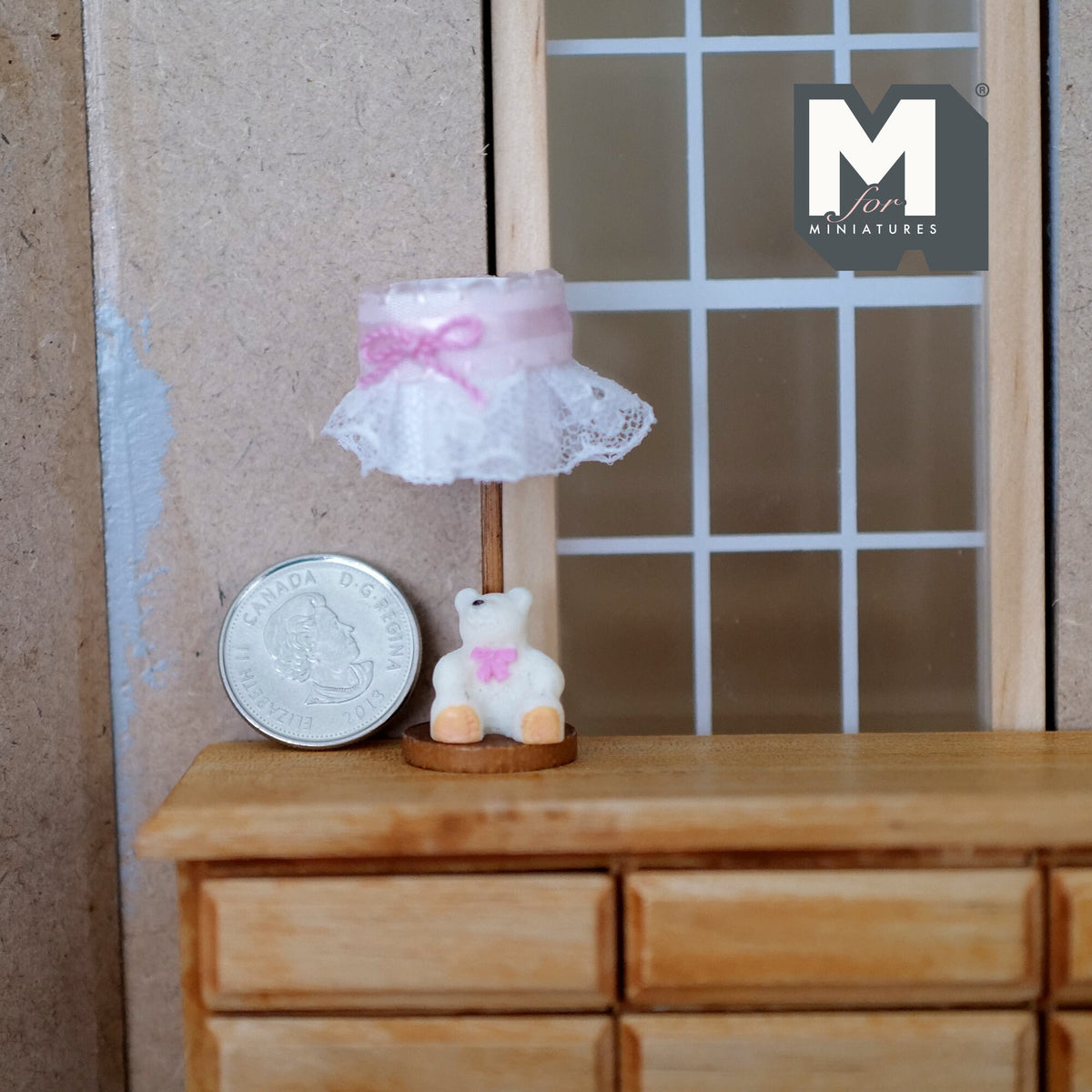 1:12 Scale Miniature Bear Table Lamp with Frilly Drum Shade, 2-1/8 inch tall, DIY Dollhouse Supply (non working)