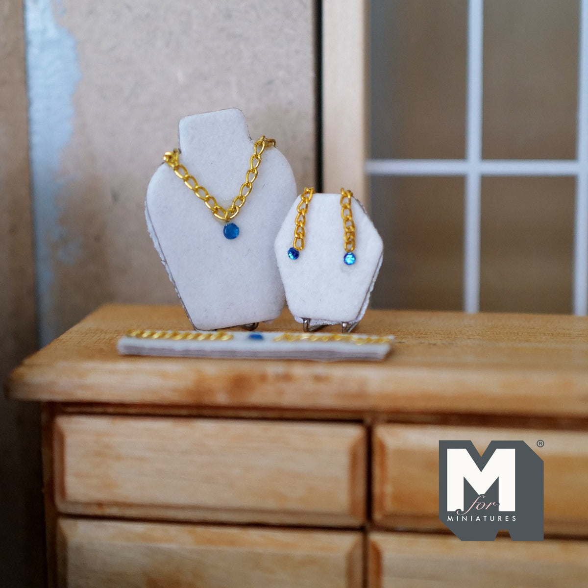1:12 Scale Miniature Jewelry Set on Stands, Necklace, Earrings and Bracelet, 1-5/16 inch tall, DIY Dollhouse Supply (blue)