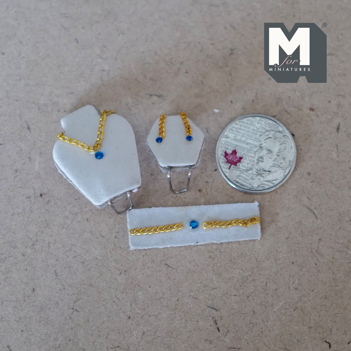 1:12 Scale Miniature Jewelry Set on Stands, Necklace, Earrings and Bracelet, 1-5/16 inch tall, DIY Dollhouse Supply (blue)