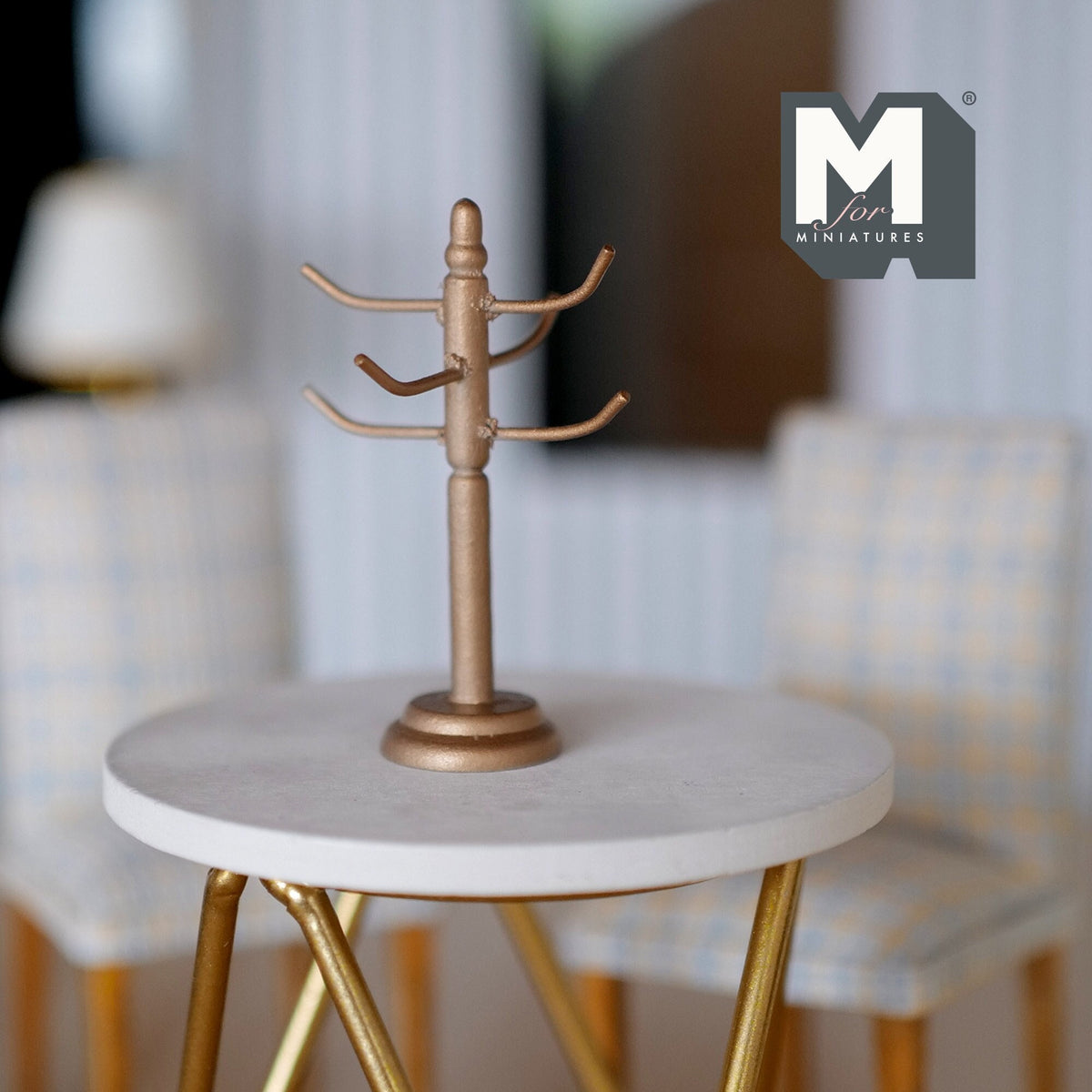 1:12 Scale Miniature Mug Tree, 6 Hooks, 2-3/16 inch tall, DIY Dollhouse Supply (bronze)