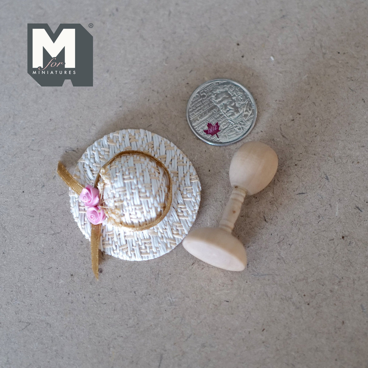 1:12 Scale Miniature Straw Cartwheel Hat with Roses and Wood Stand, 1-3/4 inch dia., DIY Dollhouse Supply