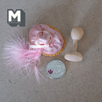 Dollhouse British Milliners with Wooden Stand 1:12 Scale Miniature Cartwheel Hat with Faux Feather and Ribbon c045