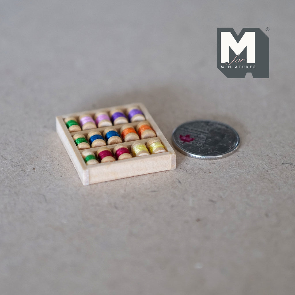 1:12 Scale Miniature Sewing Thread Spools in Wood Tray, 1-5/16 inch wide, DIY Dollhouse Supply