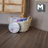 Dollhouse Supplies Basket with Folded Linens , 1 Inch Scale Bamboo Rope Basket of Linen (fabric fixed to basket) - F013