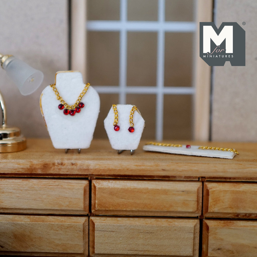 1:12 Scale Miniature Jewelry Set on Stands, Necklace, Earrings and Bracelet, 1-5/16 inch tall, DIY Dollhouse Supply (red)