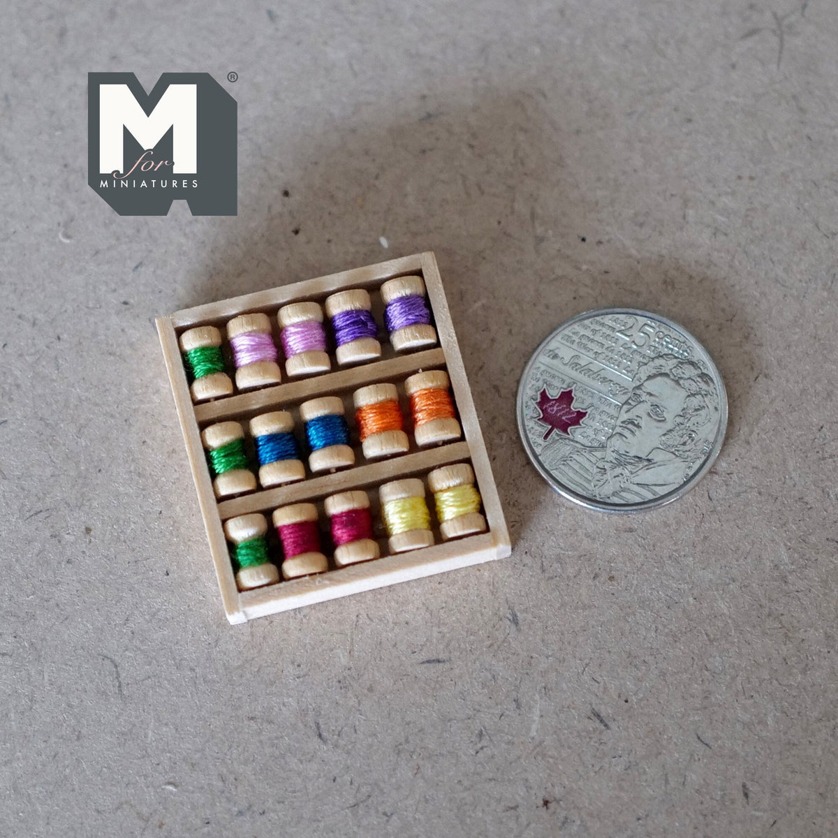 1:12 Scale Miniature Sewing Thread Spools in Wood Tray, 1-5/16 inch wide, DIY Dollhouse Supply