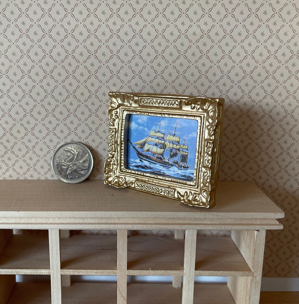 1:12 Scale Miniature Sailing Galleon Painting, Ornate Gold Frame, 2-3/8 inch wide, DIY Dollhouse Supply