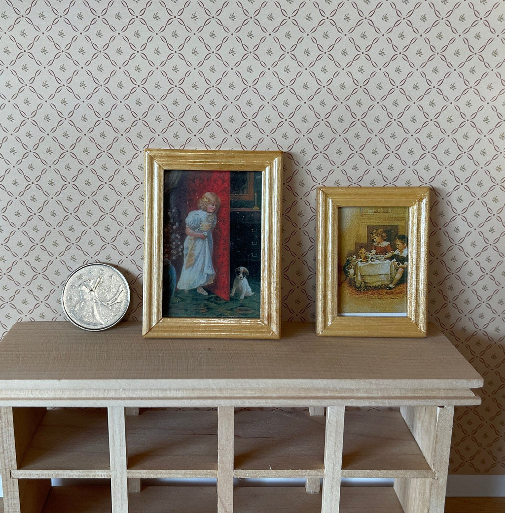 1:12 Scale Miniature Child and Pet Paintings in Gold Frames, Set of 2, 2-1/2 inch tall, DIY Dollhouse Supply