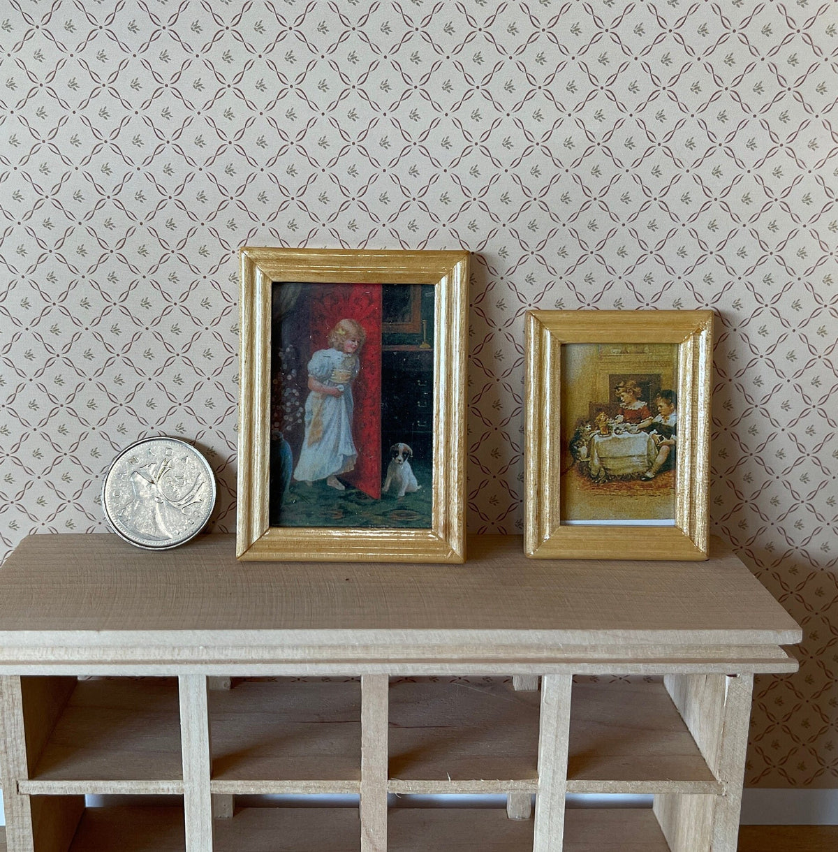 1:12 Scale Miniature Child and Pet Paintings in Gold Frames, Set of 2, 2-1/2 inch tall, DIY Dollhouse Supply