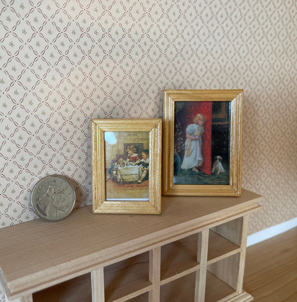1:12 Scale Miniature Child and Pet Paintings in Gold Frames, Set of 2, 2-1/2 inch tall, DIY Dollhouse Supply