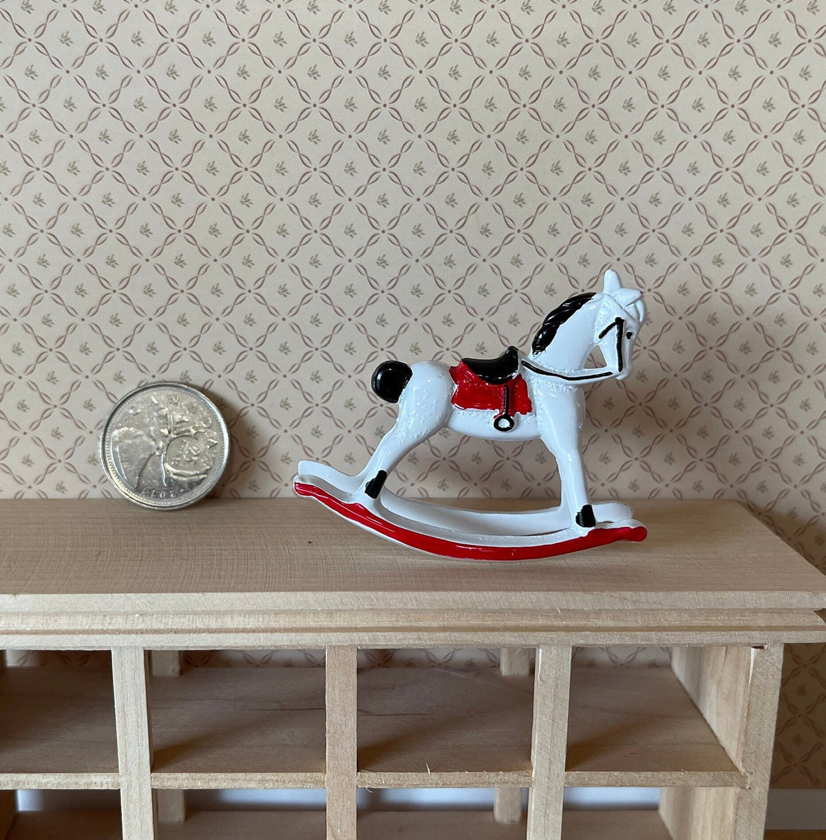 1:12 Scale Miniature Metal Rocking Horse, Red Saddle, 1-7/8 inch tall, DIY Dollhouse Supply (white)
