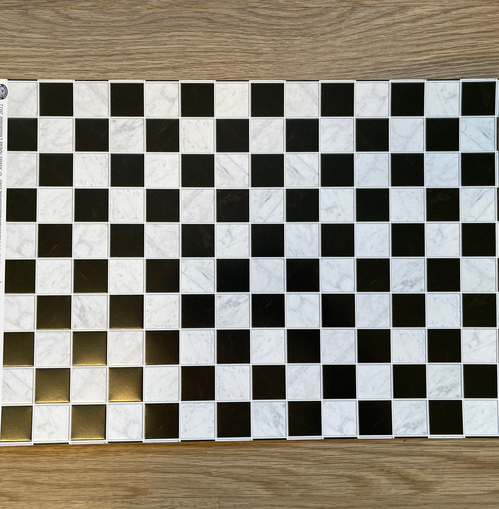 Miniature Black and White Checkered Marble Style Embossed Tile Sheet, 11/16 inch Tiles, 15-15/16 x 11-5/8 inch, DIY Dollhouse Supply