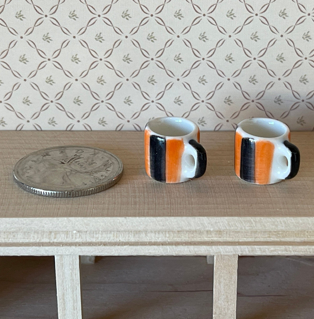 1:12 Scale Miniature Ceramic Coffee Mugs, Set of 2, 1/2 inch tall, DIY Dollhouse Supply (orange and black stripes)