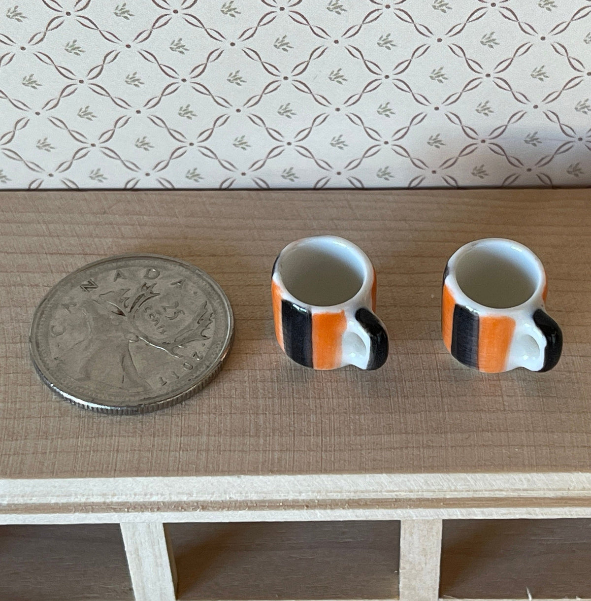1:12 Scale Miniature Ceramic Coffee Mugs, Set of 2, 1/2 inch tall, DIY Dollhouse Supply (orange and black stripes)