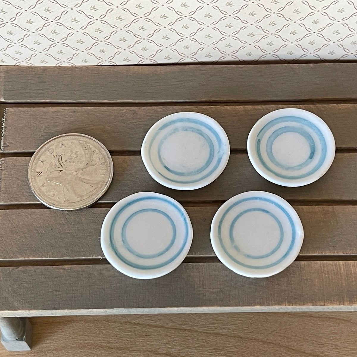 1:12 Scale Miniature White Dinner Plates with Blue Gray Rim, Set of 4, 1 inch dia., DIY Dollhouse Supply