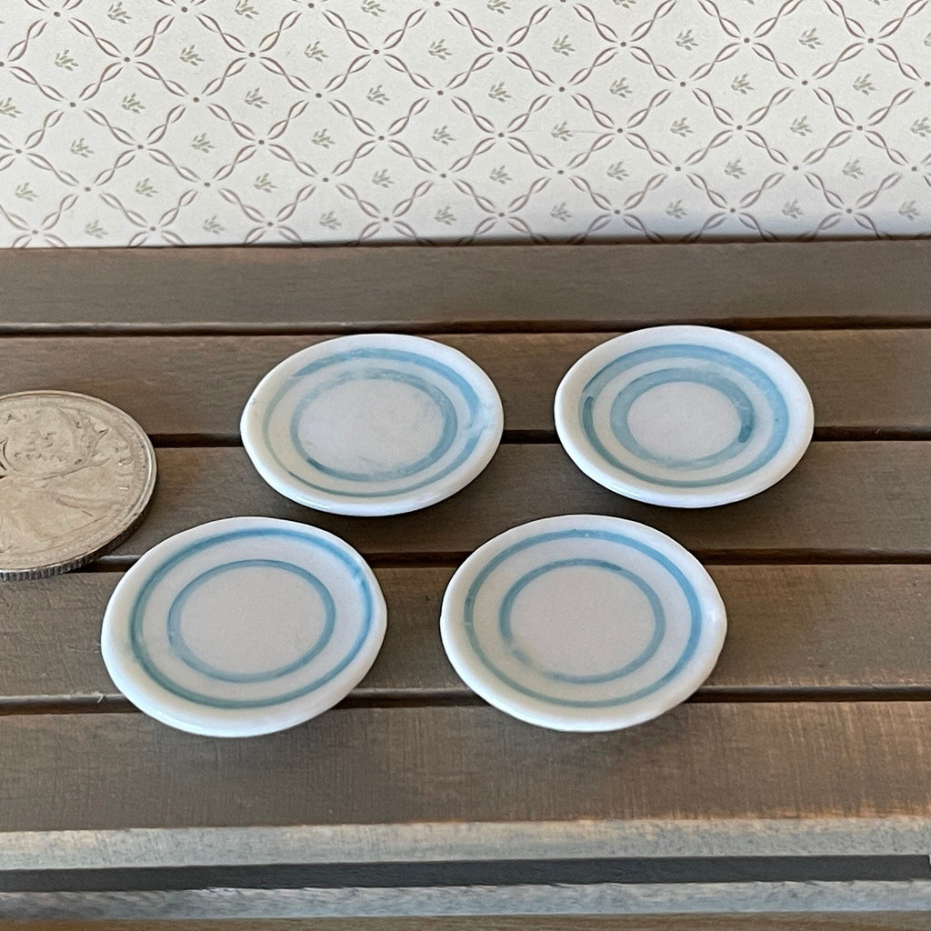 1:12 Scale Miniature White Dinner Plates with Blue Gray Rim, Set of 4, 1 inch dia., DIY Dollhouse Supply