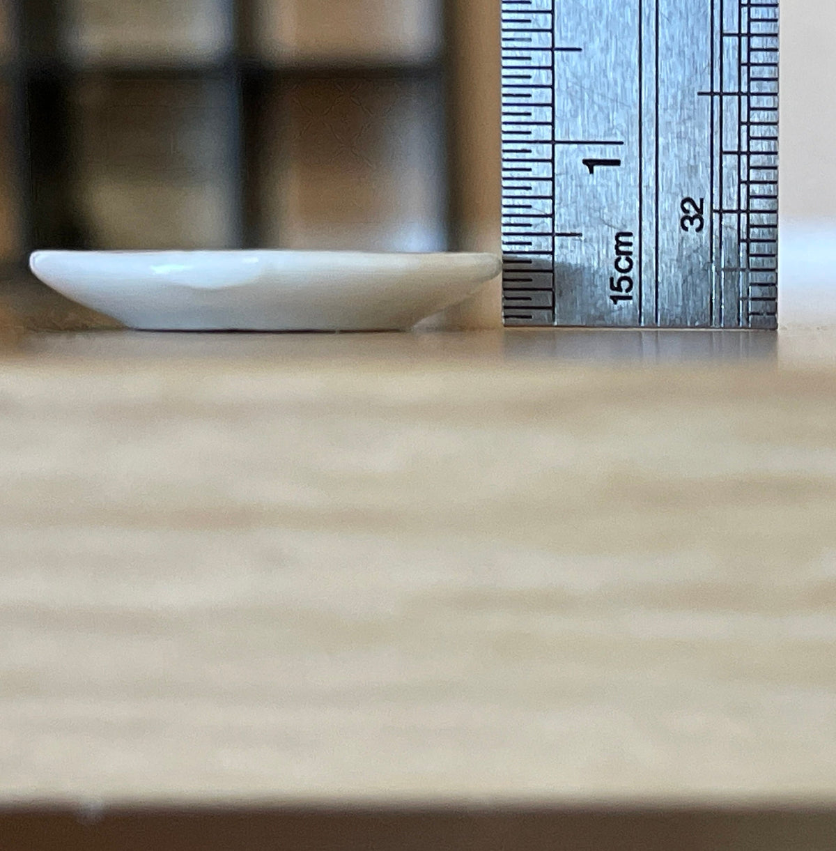 1:12 Scale Miniature White Dinner Plates with Blue Gray Rim, Set of 4, 1 inch dia., DIY Dollhouse Supply