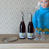 Miniature Red Wine and Glasses 1:12 Scale Dollhouse Wine Bottles and Wine Glasses Set of 4  - B032