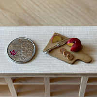 Miniature Sliced Round Cheese Crackers and Knife on Cutting Board 1:12 Scale Dollhouse Food Decoration. (fixed to the board) - E028