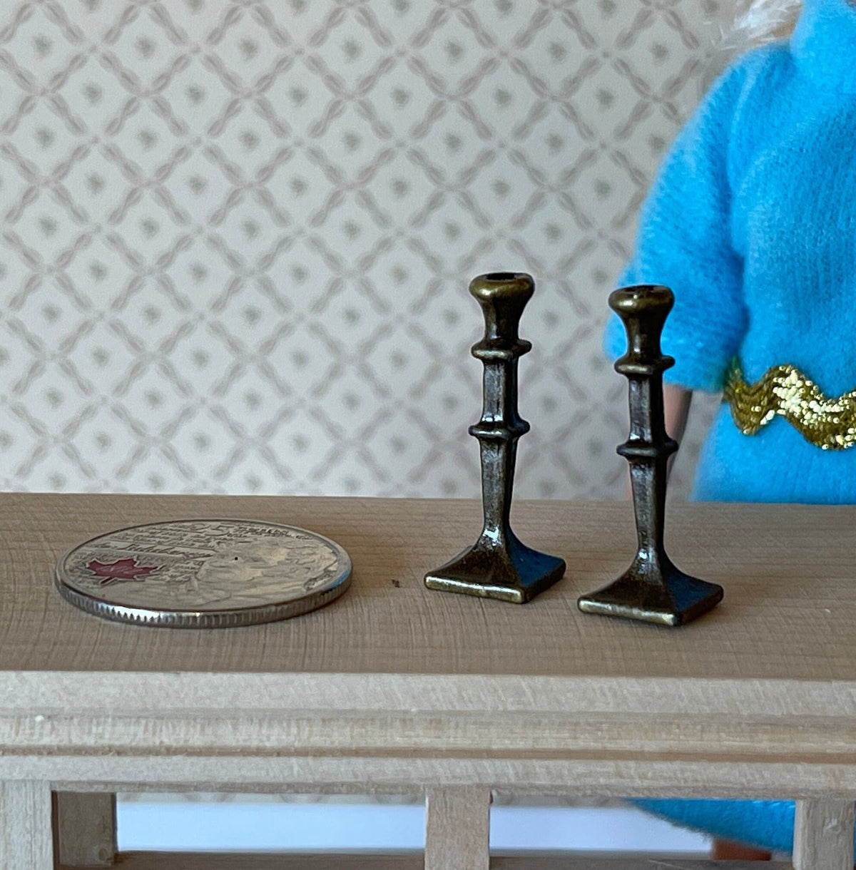 Dollhouse Candle Holders 1:12 Scale Miniature Metal Candlestick Square Base 1 Inch Tall , Set of 2 - C086