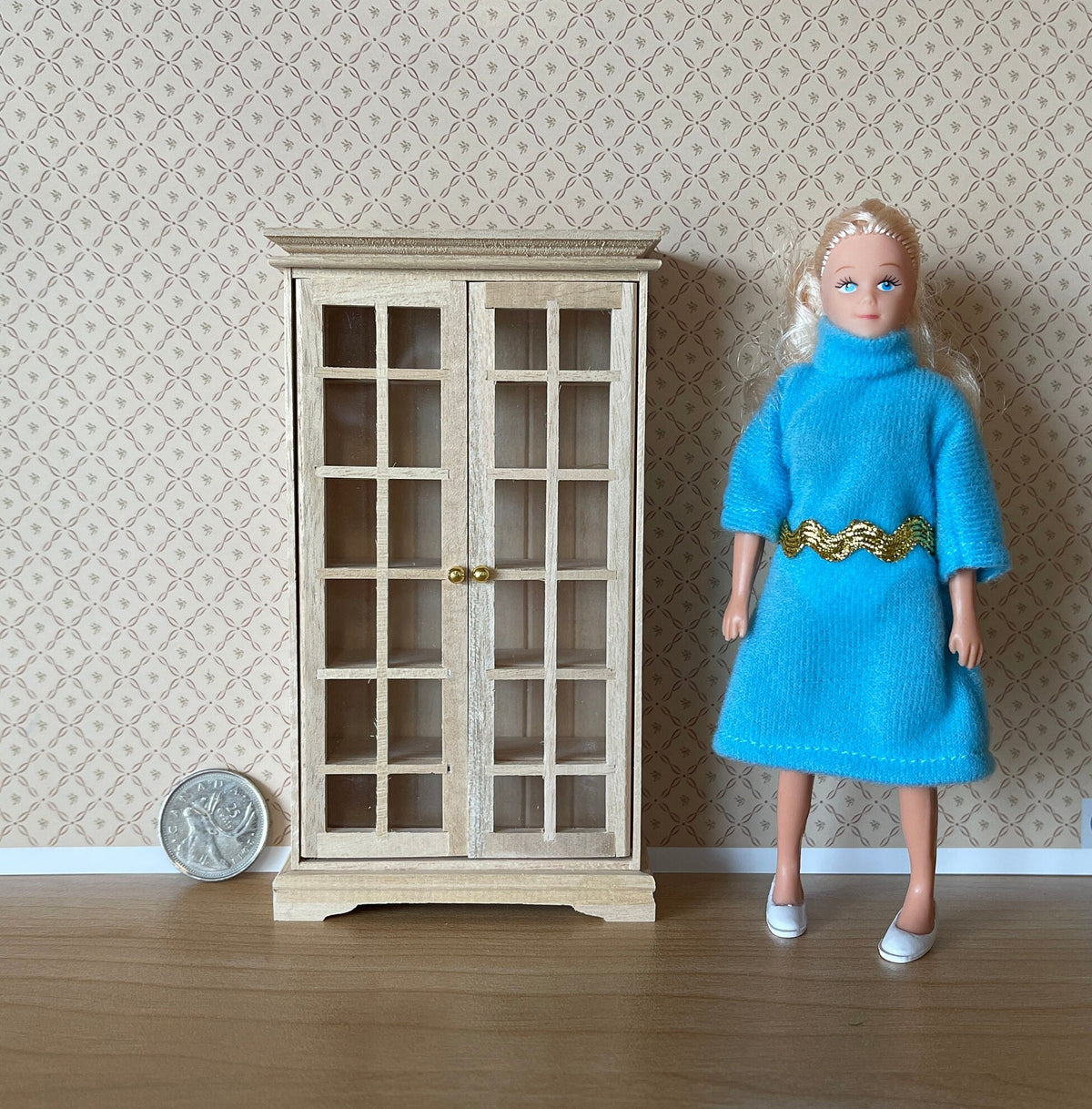 1:12 Scale Miniature Unpainted Wood Bookcase Cabinet, 2 Glazed Doors, 6 Shelves, 5-5/16 inch tall, DIY Dollhouse Supply