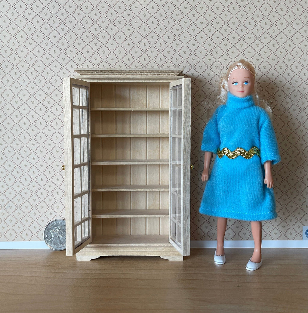 1:12 Scale Miniature Unpainted Wood Bookcase Cabinet, 2 Glazed Doors, 6 Shelves, 5-5/16 inch tall, DIY Dollhouse Supply
