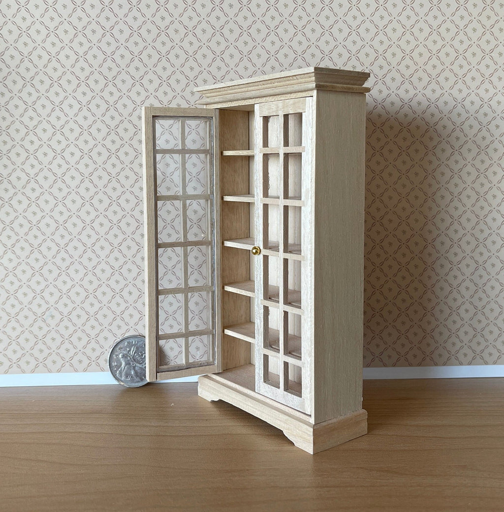 1:12 Scale Miniature Unpainted Wood Bookcase Cabinet, 2 Glazed Doors, 6 Shelves, 5-5/16 inch tall, DIY Dollhouse Supply