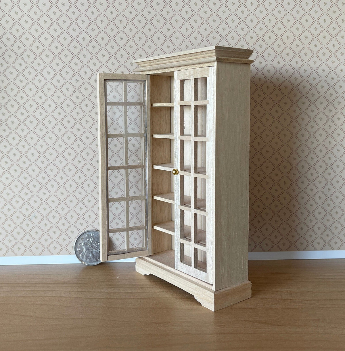 1:12 Scale Miniature Unpainted Wood Bookcase Cabinet, 2 Glazed Doors, 6 Shelves, 5-5/16 inch tall, DIY Dollhouse Supply
