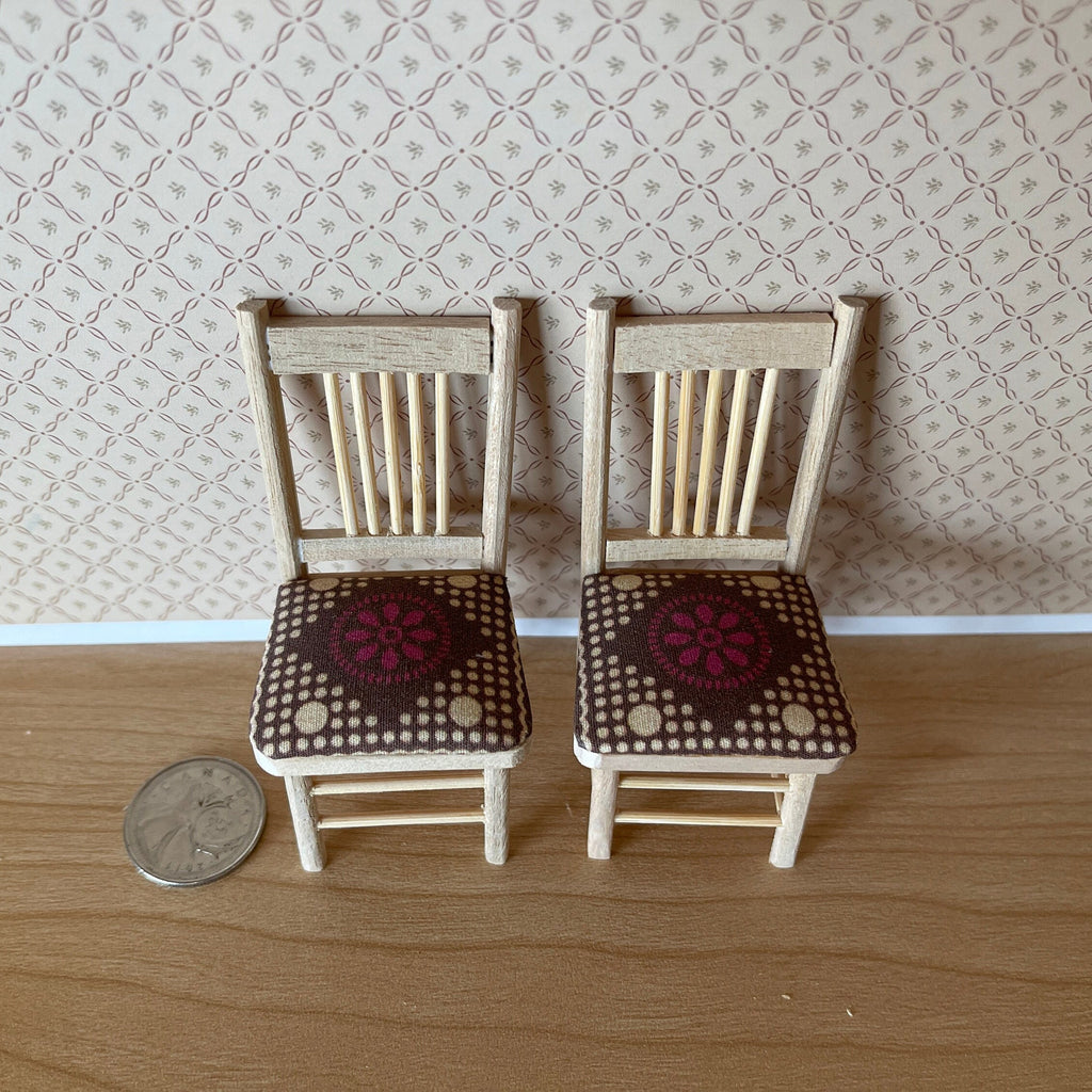1:12 Scale Miniature Unpainted Wood Slat Back Dining Chairs with Seat Pads, Set of 2, 3-1/4 inch tall, DIY Dollhouse Supply