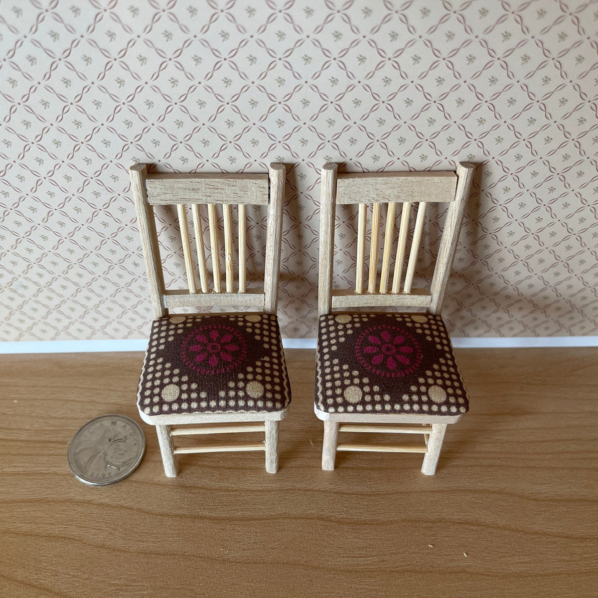 1:12 Scale Miniature Unpainted Wood Slat Back Dining Chairs with Seat Pads, Set of 2, 3-1/4 inch tall, DIY Dollhouse Supply