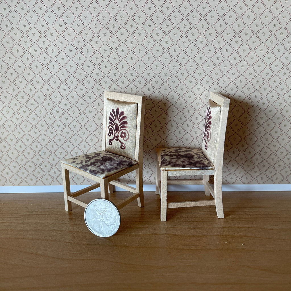 1:12 Scale Miniature Unpainted Wood Dining Chairs with Floral Seat Pads, Set of 2, 3-1/8 inch tall, DIY Dollhouse Supply