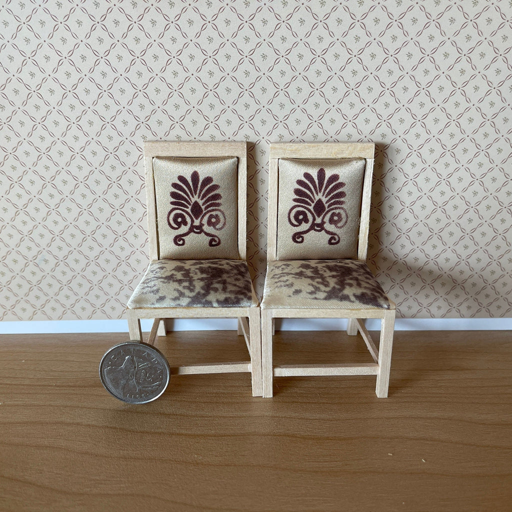 1:12 scale miniature unpainted wood dining chairs with floral seat pads, set of 2, burgundy print fabric, shown with a coin