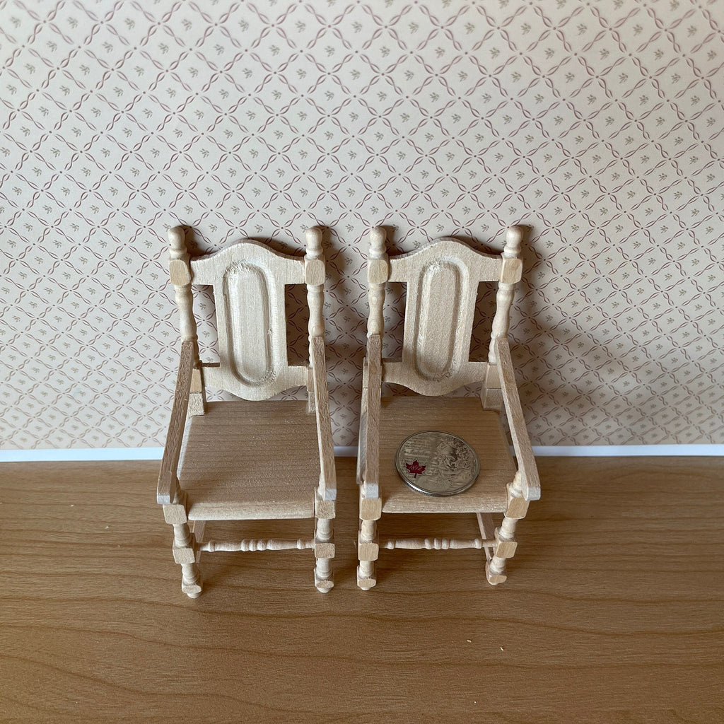 1:12 Scale Miniature Unpainted Wood Dining Armchairs, Carved Back, Set of 2, 3-7/8 inch tall, DIY Dollhouse Supply