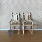1:12 scale miniature unpainted wood dining armchairs with carved backs, set of 2, shown side by side with a coin