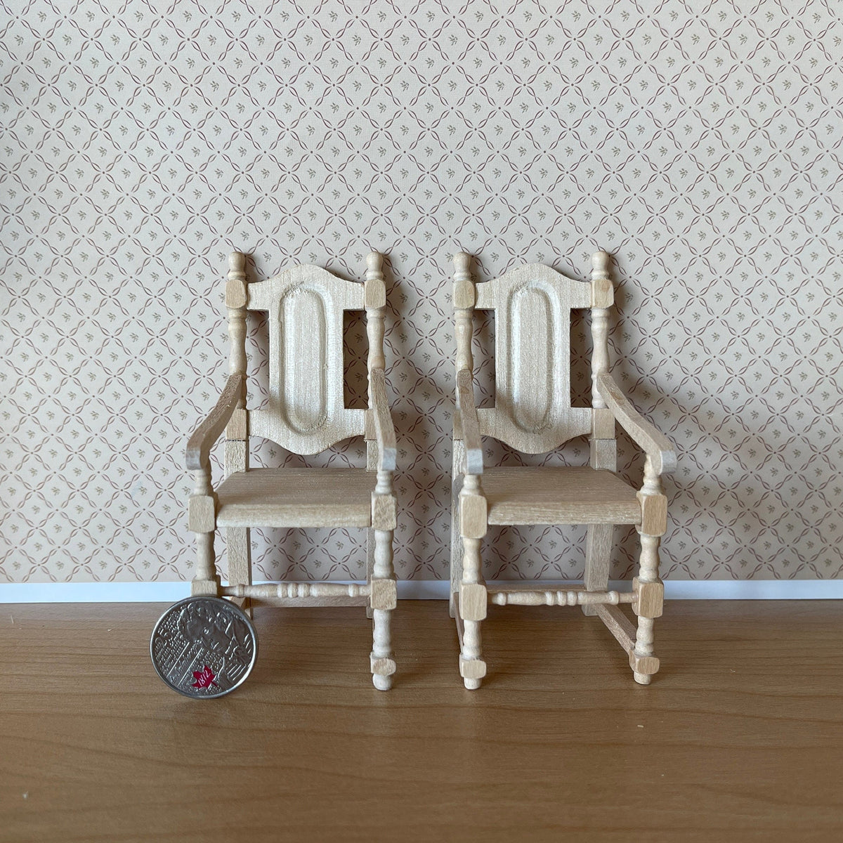 1:12 Scale Miniature Unpainted Wood Dining Armchairs, Carved Back, Set of 2, 3-7/8 inch tall, DIY Dollhouse Supply