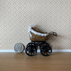 1:12 Scale Miniature Wicker Style Baby Pram with Lace Hood, 2-7/16 inch tall, DIY Dollhouse Supply