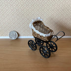1:12 Scale Miniature Wicker Style Baby Pram with Lace Hood, 2-7/16 inch tall, DIY Dollhouse Supply