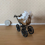 1:12 Scale Miniature Wicker Style Baby Pram with Lace Hood, 2-7/16 inch tall, DIY Dollhouse Supply