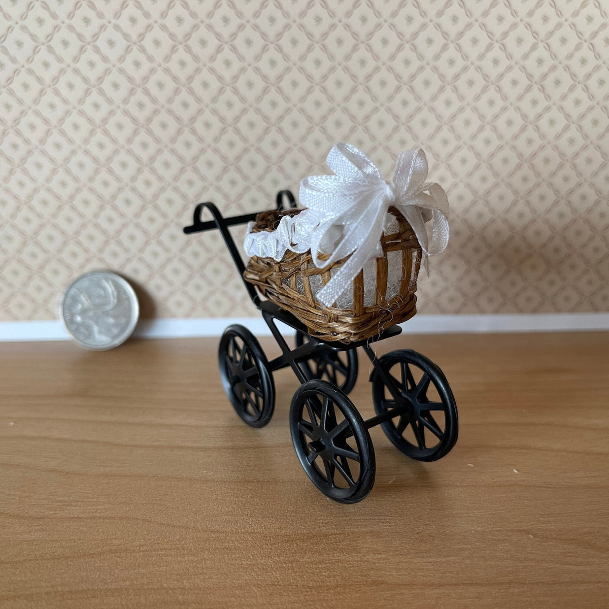 1:12 Scale Miniature Wicker Style Baby Pram with Lace Hood, 2-7/16 inch tall, DIY Dollhouse Supply
