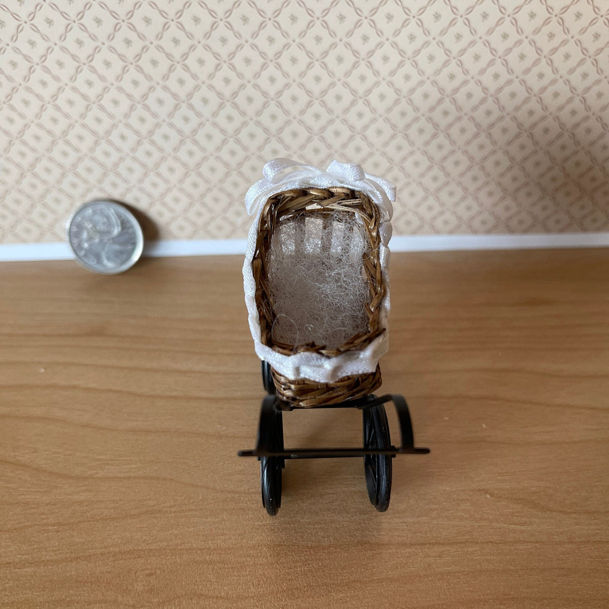1:12 Scale Miniature Wicker Style Baby Pram with Lace Hood, 2-7/16 inch tall, DIY Dollhouse Supply
