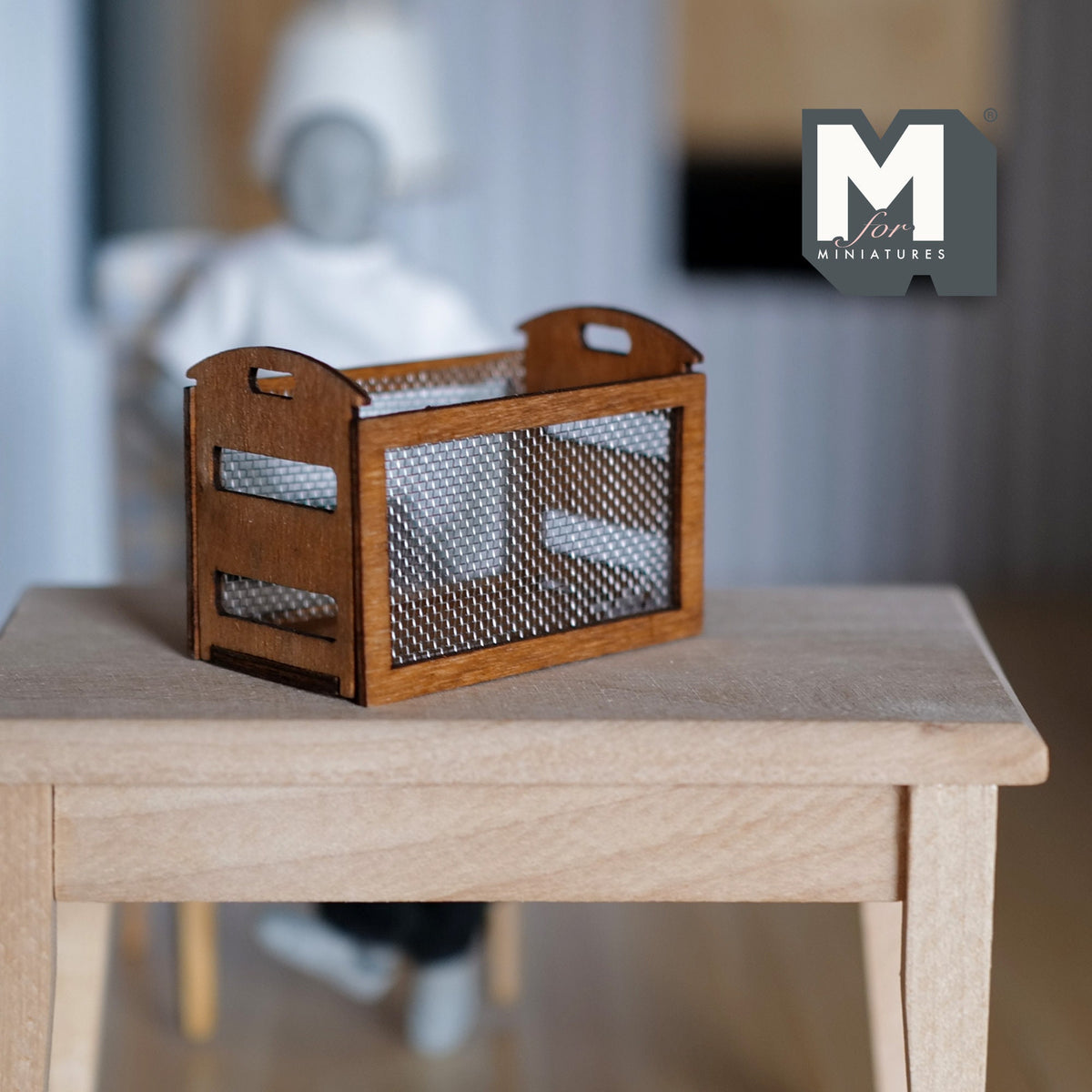 1:12 Scale Miniature Wood Frame Storage Basket with Mesh Sides, 1-1/4 inch tall, DIY Dollhouse Supply